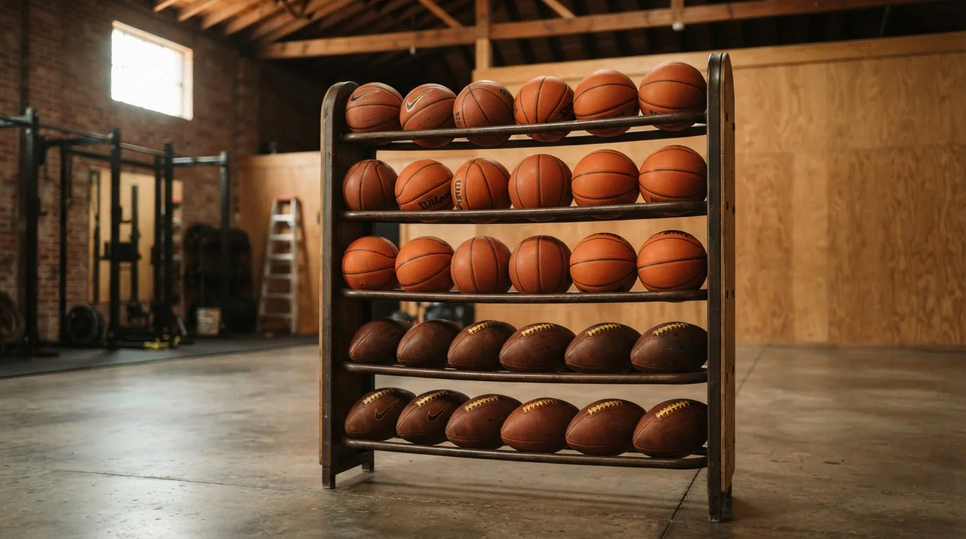 Ein Ballständer mit Fußbällen und Basketbällen in einem Trainingsraum