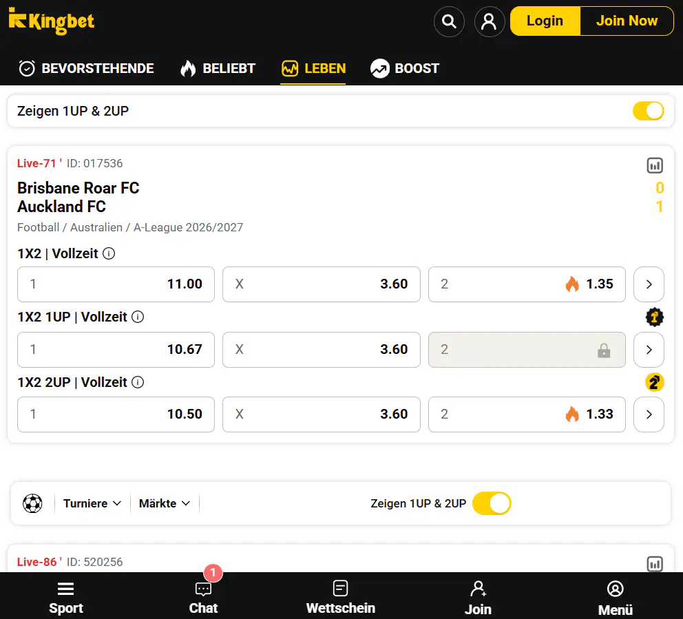 KingBet-Bereich für laufende Spiele mit den Sportfiltern Fußball und Basketball sowie laufenden Quoten
