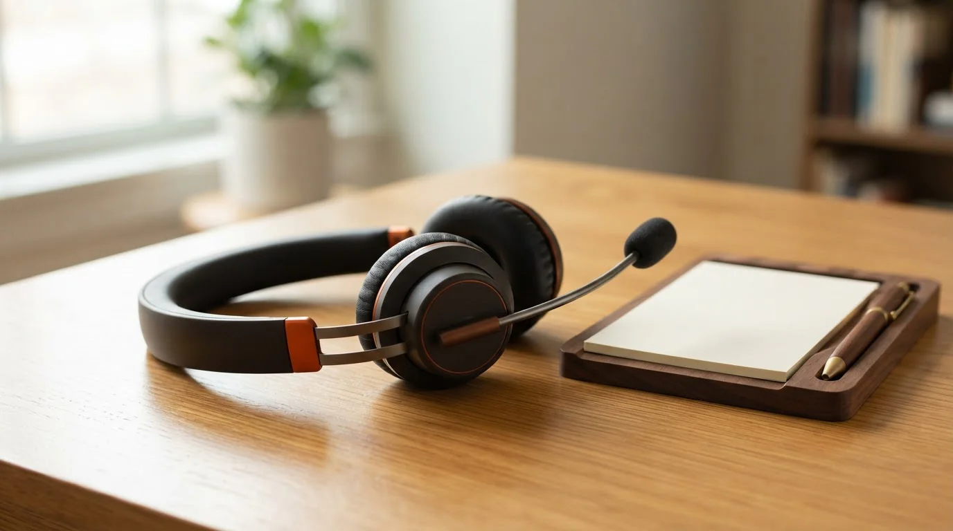 Headset mit Mikrofon neben einer Notizablage auf einem Arbeitstisch