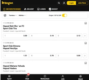 Fußballansicht von KingBet mit 1X2 und Doppelte Chance bei Begegnungen