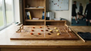 Taktiktafel aus Holz mit zwei Torrahmen und verschiebbaren runden Markern