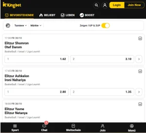 Sportauswahl von KingBet mit Fußball und Basketball in der Wettübersicht