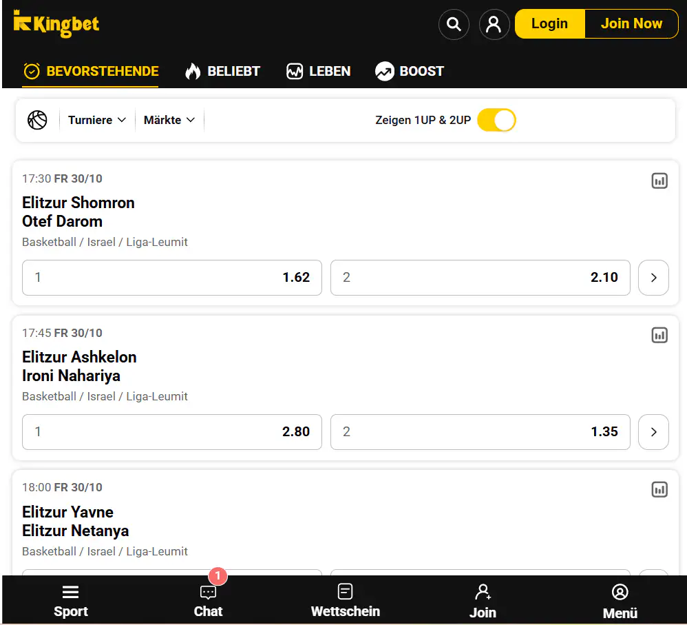 Sportauswahl von KingBet mit Fußball und Basketball in der Wettübersicht